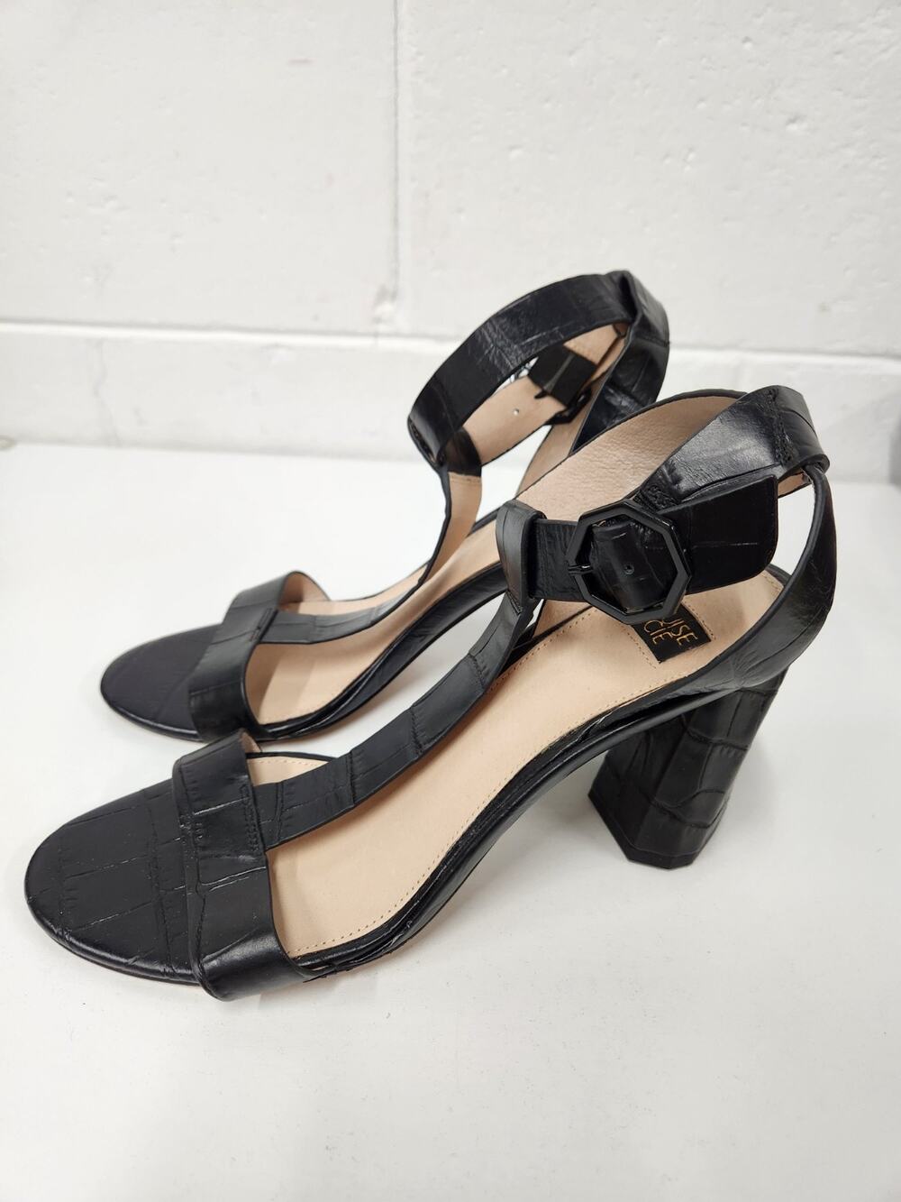 Louise Et Cie Women's Nalah Black Croc Leather Block Heel Sandals, Size 9.5M